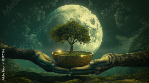 Hands Holding Golden Bowl with Trees and Moss Representing Meditation