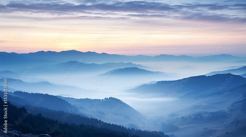 Fototapeta premium A subtle sunrise scene of soft blue and pink sky over the Carpathians, layers of mountains fading into the mist, the sun barely peeking above the horizon, creating a peaceful mood.
