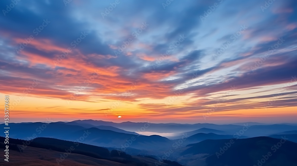Obraz premium A vibrant sunrise sky over the Carpathian mountains, clouds swirling in shades of peach, gold, and deep blue, mountain silhouettes sharp against the brightening sky.
