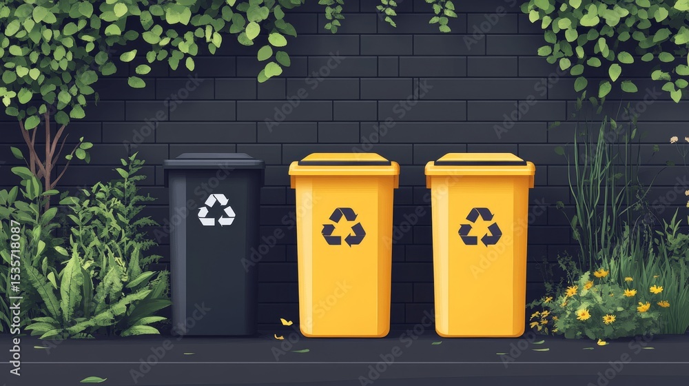 Three recycling bins, one black and two yellow, stand against a black brick wall surrounded by green plants and flowers. Three recycling bins, one black and two yellow, stand against a black brick wall surrounded by green plants and flowers.