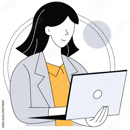 Faceless young woman is thoughtfully using a laptop computer in a stylized setting