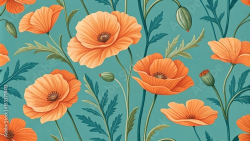 Seamless Orange Poppy Floral Pattern Teal Background, Botanical Illustration, Vintage Aesthetic, Poppy Flower Print Floral Pattern, Botanical Illustration