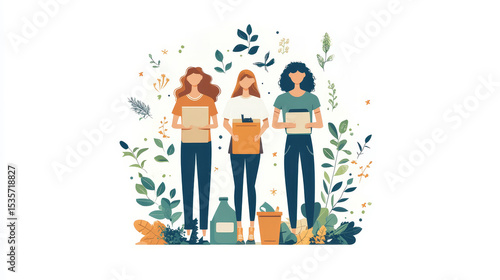 Three women standing with clipboards surrounded by plants and nature-themed elements, representing teamwork or environmental study.