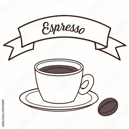 Banner with Espresso wordmark floats above a cup and saucer with bean