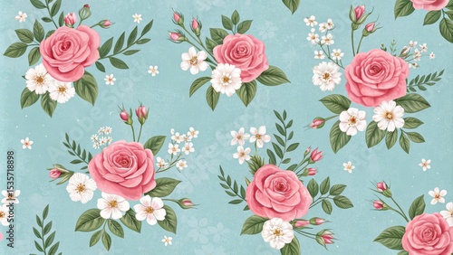 Seamless Pastel Pink Rose Floral Pattern Watercolor Illustration, Botanical Concept, Vintage Design Floral pattern, Rose illustration