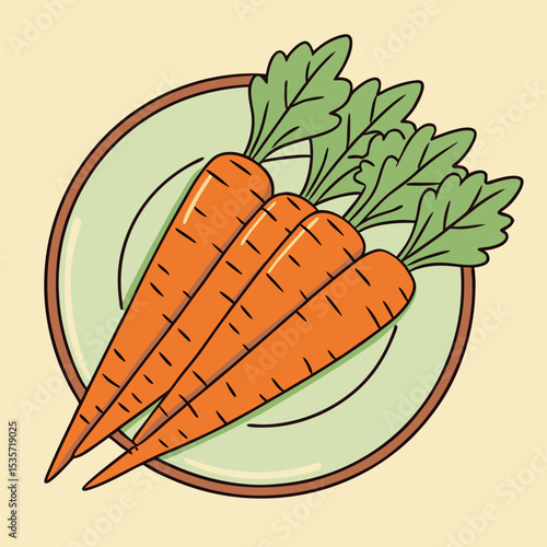 Fresh organic carrots with green leaves are arranged neatly on light plate