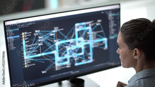 Woman analyzing complex system diagram displayed on a computer monitor