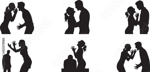 Silhouettes of couples arguing and showing affection. eps -10