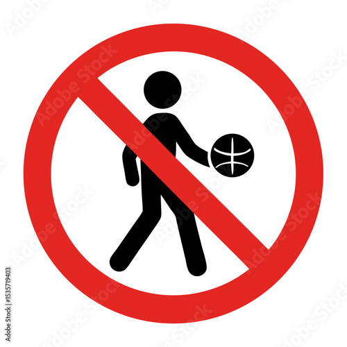 No basketball playing allowed sign. Simple prohibition symbol shows person with ball. Prohibited activity icon for public places. This no basketball icon is perfect for creating warning signs.