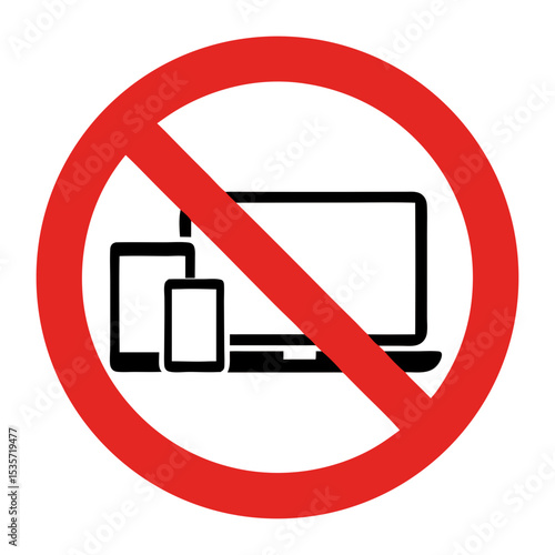 No electronic devices allowed sign.  This prohibition symbol shows crossed-out laptop, smartphone and tablet.  Digital detox concept for social media campaign or website design.