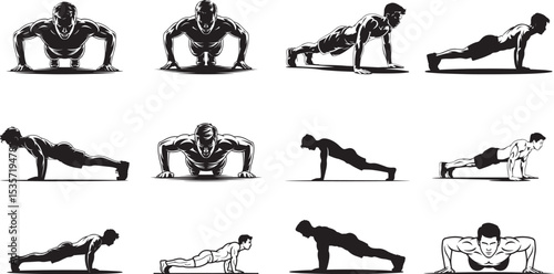 Men performing various push up exercises fitness workout. eps-10