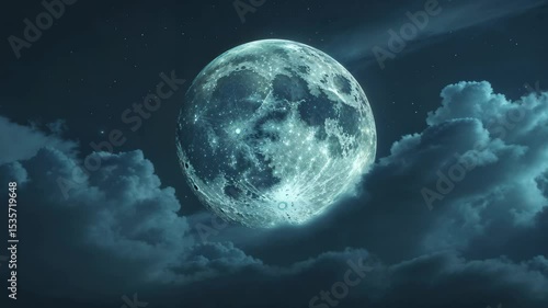 Mysterious Full Moon Surrounded by Dark Clouds on a Midnight Sky