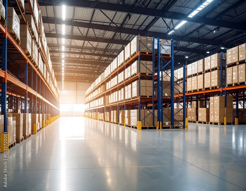 Warehouse interior with high shelves and boxes Warehouse interior with high shelves and boxes
