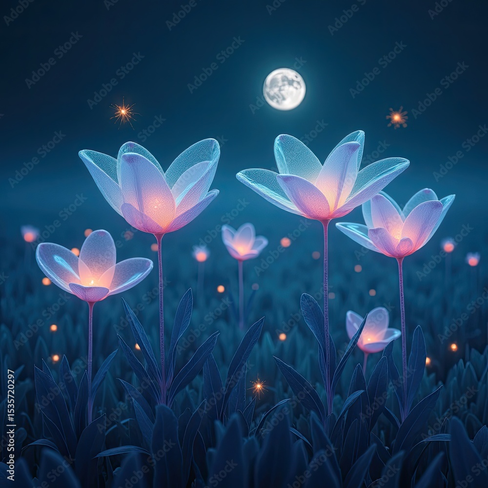 Serene Dreamy Nocturnal Landscape with Glowing Flowers Serene Dreamy Nocturnal Landscape with Glowing Flowers