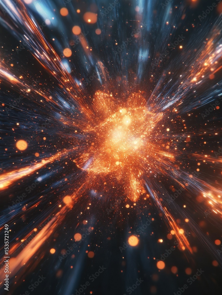Fototapeta premium Futuristic digital art showing a burst of energy with glowing particles in motion, symbolizing quantum physics or data flow.