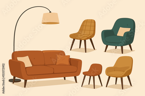 Mid-century modern furniture set. Vector illustration collection of retro interior design elements. Sofa, couch, armchairs, and floor lamp for home decor. Vintage 60s 70s style.