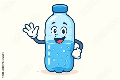 Happy water bottle cartoon character waving. Cute mascot illustration for hydration, health, and refreshment. Plastic bottle with pure mineral water. Vector logo design element.