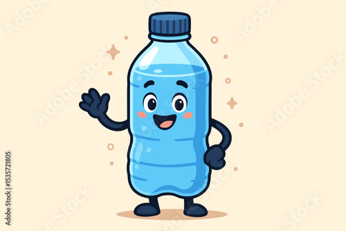 Cute water bottle character waving hand. Happy cartoon mascot for hydration and healthy lifestyle. Friendly plastic bottle with pure mineral water. Kawaii vector illustration for kids.