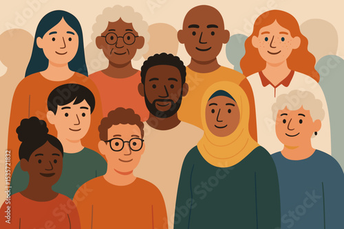 Diverse group of people standing together. Concept of unity, community, and social inclusion. Multicultural and multiethnic society illustration. Men and women of different ages.