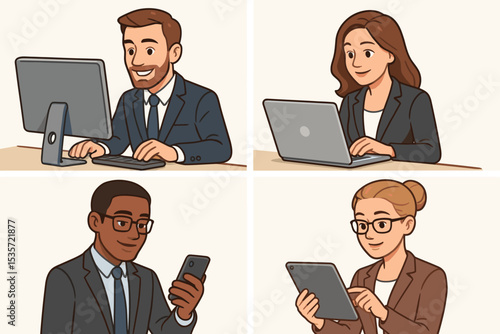 Business people character set working on digital devices. Diverse office workers using computer, laptop, phone, tablet. Corporate technology and productivity vector illustration.
