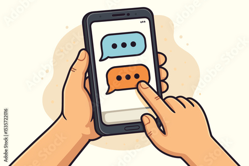 Hand holding smartphone sending a text message. Person using chat application on a mobile phone. Online conversation with speech bubbles. Digital communication technology vector concept.