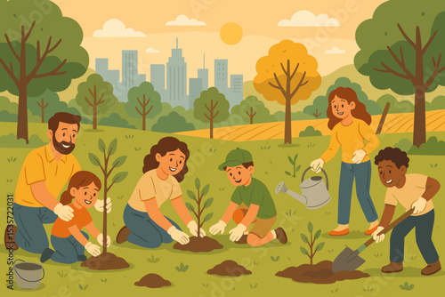 Happy diverse community of volunteers planting trees in a city park. Family and children working together on environmental conservation. Sustainability and green city concept vector.