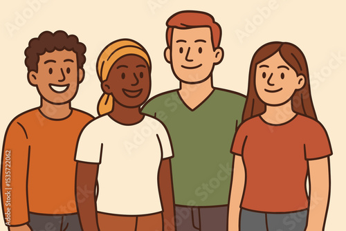 Happy multicultural group of diverse people standing together in unity. Young friends smiling. Concept of community, teamwork, friendship, social equality. Vector cartoon illustration.