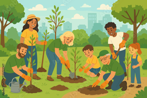 Happy diverse community volunteers planting trees in a city park. Family with children and seniors working together. Concept for ecology, environment conservation, and sustainability.