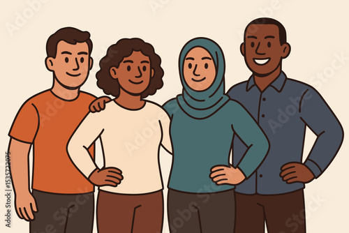 Happy diverse people group portrait. Multicultural friends standing together showing unity and support. Multi-ethnic team. Concept of community, inclusion, equality and togetherness.