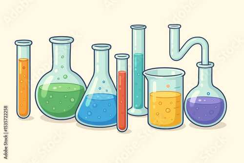 Chemistry lab equipment vector illustration. Set of glassware including test tubes, beakers, flasks with colorful chemical liquids. Science experiment, research, discovery concept.