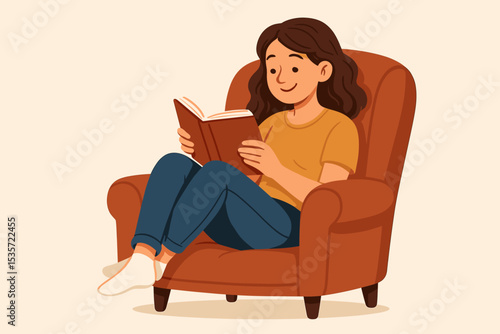 Happy young woman reading a book sitting in a cozy armchair. Relaxing leisure time at home concept. Hygge lifestyle, self care, quiet moment. Hobby and education vector illustration.