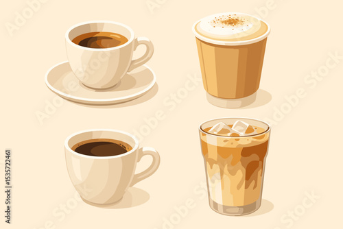 Collection of coffee drinks vector illustration. Set of popular cafe beverages including espresso, americano, cappuccino, and iced coffee. Hot and cold drink icons for a menu.