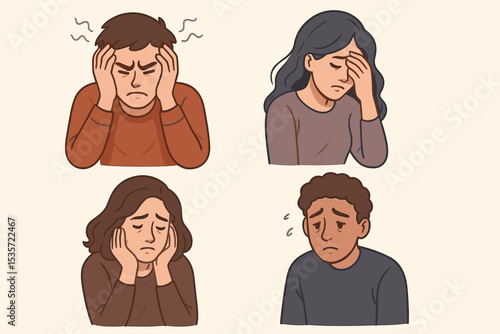 Mental health concept. Set of diverse people suffering from depression, anxiety, stress. Sad man and woman characters feeling emotional distress, fatigue, burnout, grief, headache.