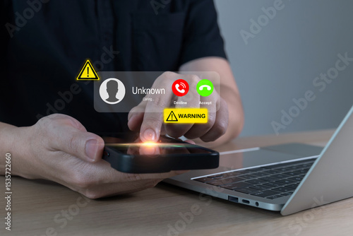 fraud or phishing with smartphone concept, person holding mobile phone receiving incoming call from scammer wtih warning sign, call center gang, hacker, cybersecurity, telecommunication concept