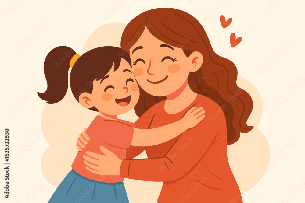 Loving mother and daughter embracing in a warm hug. Happy family concept for Mother's Day. Cute cartoon characters showing affection and love. Mom and child bonding vector illustration. Loving mother and daughter embracing in a warm hug. Happy family concept for Mother's Day. Cute cartoon characters showing affection and love. Mom and child bonding vector illustration.