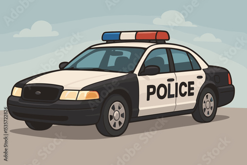 Police car vector illustration. Law enforcement patrol vehicle, American police cruiser sedan with siren lights. Emergency service transport for security, safety, and justice concept.