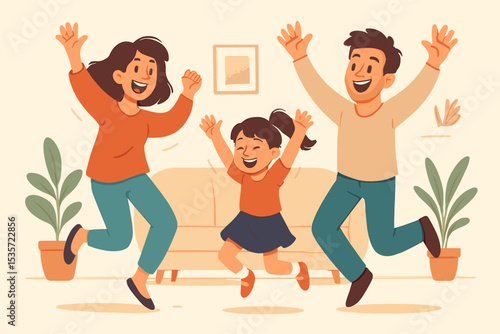 Happy family jumping for joy in living room. Joyful mother, father and daughter celebrating together. Parents and child having fun at home. Happiness, love and togetherness concept.