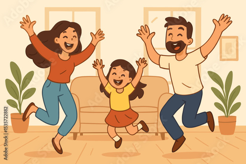 Happy family jumping for joy at home. Mother, father, and daughter celebrating together. Parents and child having fun in living room. Joyful lifestyle cartoon vector illustration.