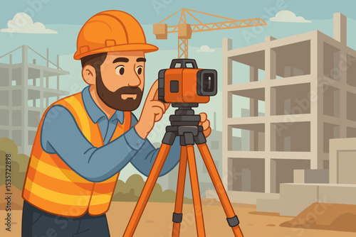Surveyor engineer with theodolite at construction site. Man builder in hard hat using a laser level on a tripod. Geodesy, cartography, and topography concept vector.