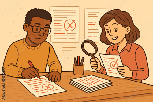 Editorial team collaboration concept. Diverse colleagues proofreading and editing papers. Quality assurance, fact-checking, and grammar correction. Approval and rejection process.