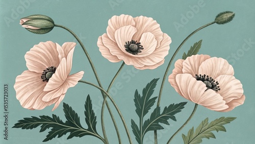 Three Peach Poppies on Teal Botanical Illustration, Floral Art, Nature Concept, Poppies, Botanical Print