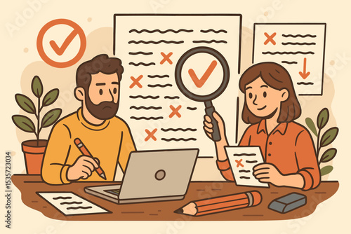 Editors team at work. Man and woman collaborating on proofreading and editing a document. Concept of teamwork, quality control, fact-checking, and content review for publishing.