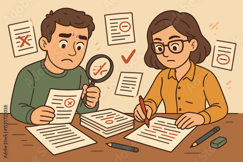 Editors proofreading a manuscript. Man and woman check documents for errors. Concept of quality control, fact-checking, grammar correction, meticulous teamwork, and paperwork.