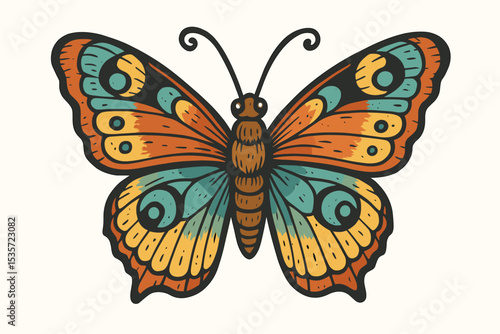 Traditional old school butterfly tattoo design. Retro insect vector illustration with vibrant colors. Vintage style moth graphic isolated on white background for print or sticker.