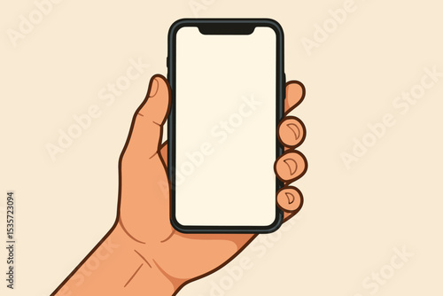 Hand holding smartphone with blank screen. Mobile phone mockup for app presentation. Vector illustration of a person using a device. Technology and communication concept template.