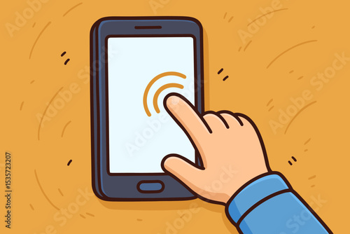 Hand tapping smartphone screen. User finger touching mobile phone. Cartoon vector illustration for app interface, social media, online communication, and modern technology.