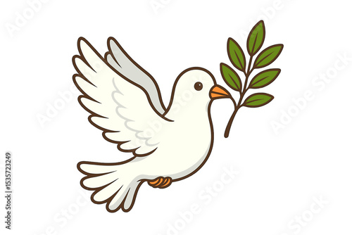 Dove of peace vector illustration. Cute cartoon white pigeon flying with an olive branch. Symbol of hope, faith, freedom, and love. Religious Christian concept of harmony.