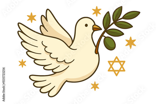 Dove of peace flying with an olive branch. Star of David symbol of Judaism. Cute cartoon vector illustration for religious holiday. Jewish faith and hope concept with bird.