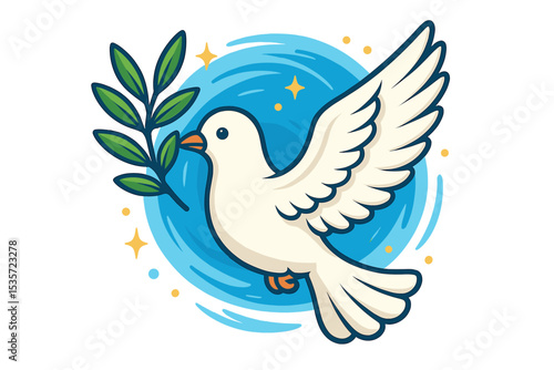 White dove of peace holding an olive branch, a symbol of hope, love, and freedom. Cute flying bird cartoon vector illustration. Christian religious concept of the holy spirit. Faith.