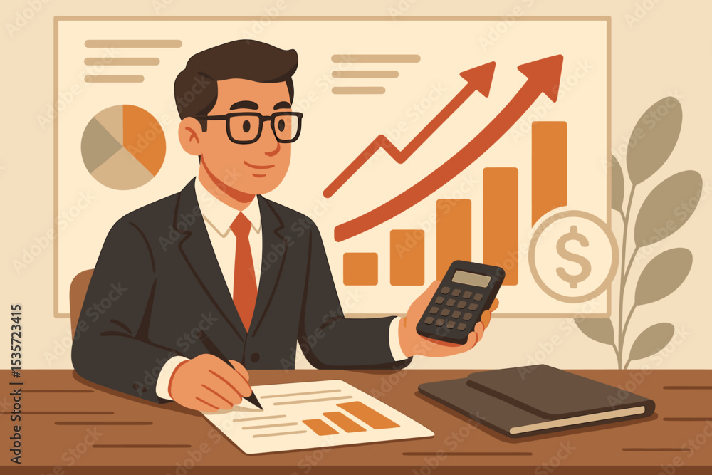Financial analyst at work. Businessman analyzing data with calculator for a report. Concept of business strategy, investment growth, accounting, marketing, and profit success. Financial analyst at work. Businessman analyzing data with calculator for a report. Concept of business strategy, investment growth, accounting, marketing, and profit success.